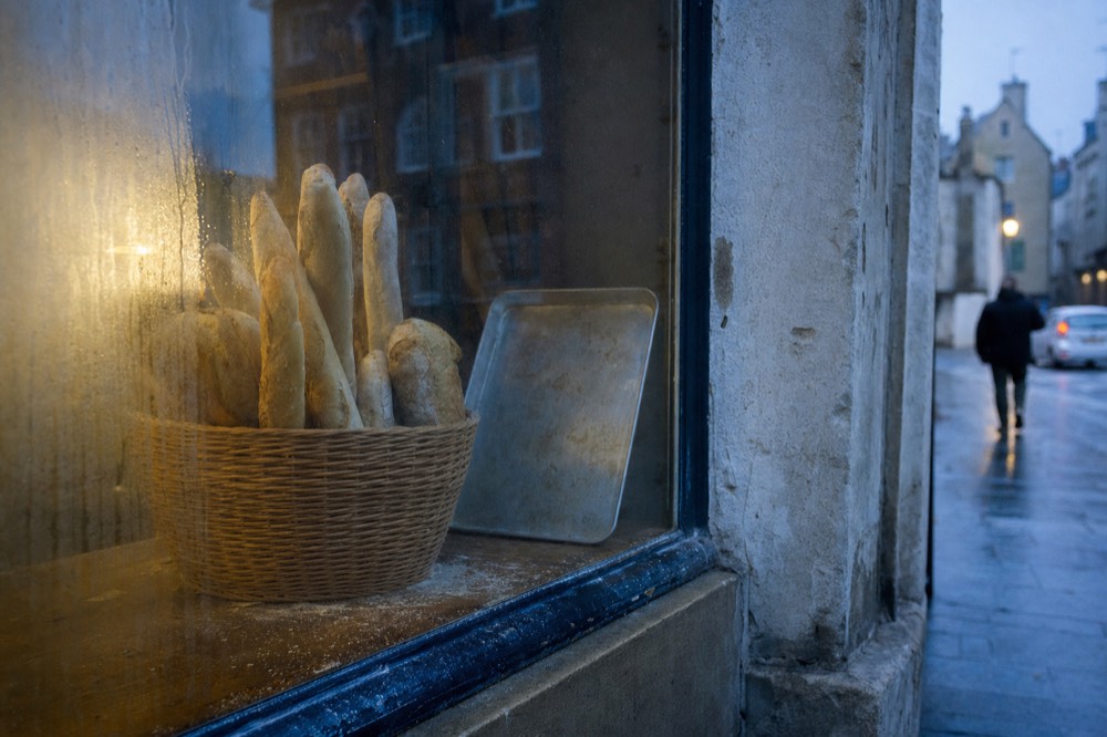 Baguettes and loaves stand in a wicker basket behind a misted bakery window on a wet early morning street.