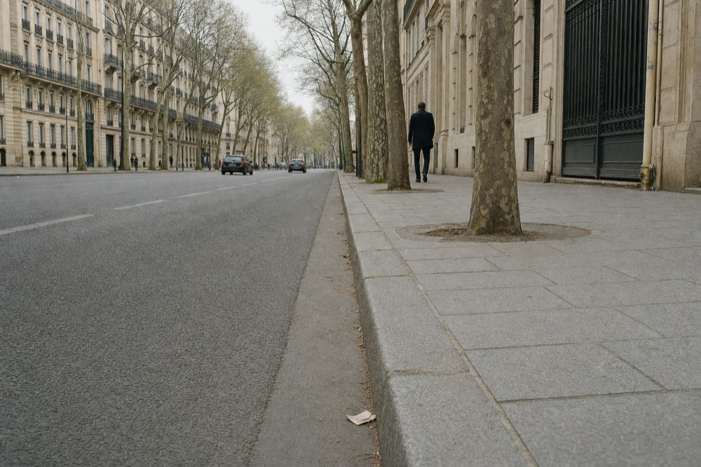 Low view along a wide Paris boulevard with plane trees, limestone buildings, distant cars, a lone pedestrian, and paper by the kerb.