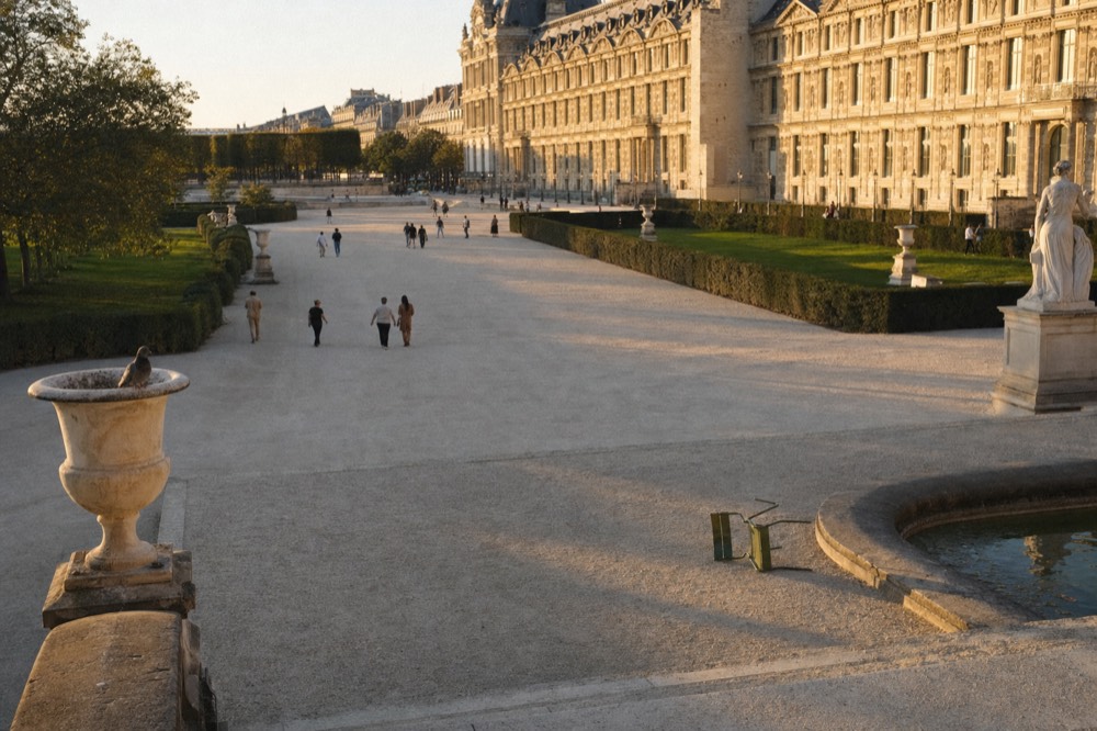 Golden light falls on the Louvre palace beside a broad gravel walk, clipped hedges, urns, a basin, distant people and a fallen chair.