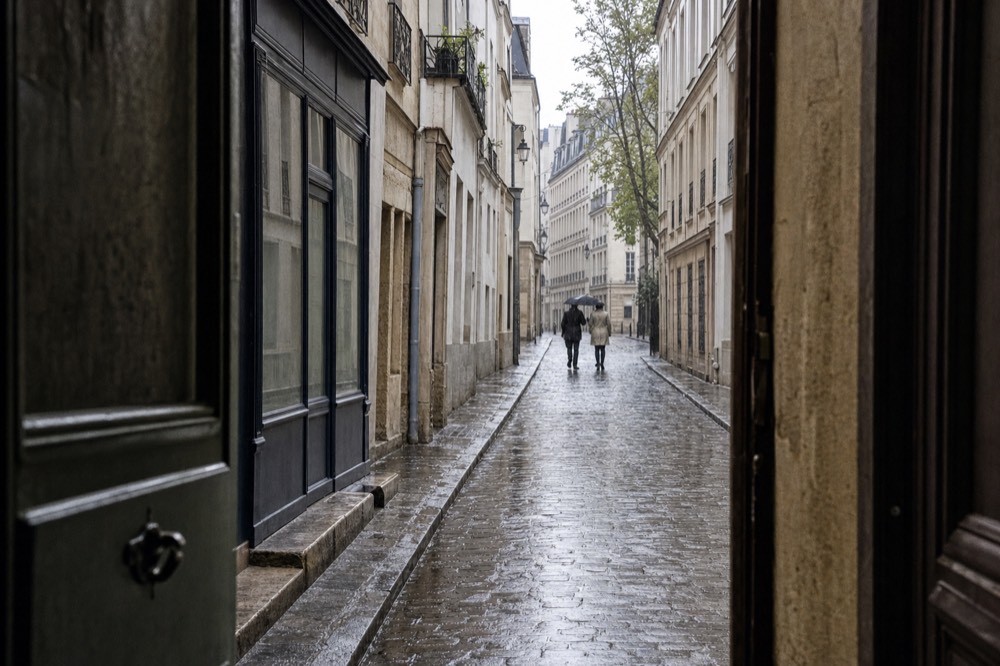 A rain-wet narrow Paris street with stone facades, closed shopfronts, and two distant pedestrians under an umbrella.