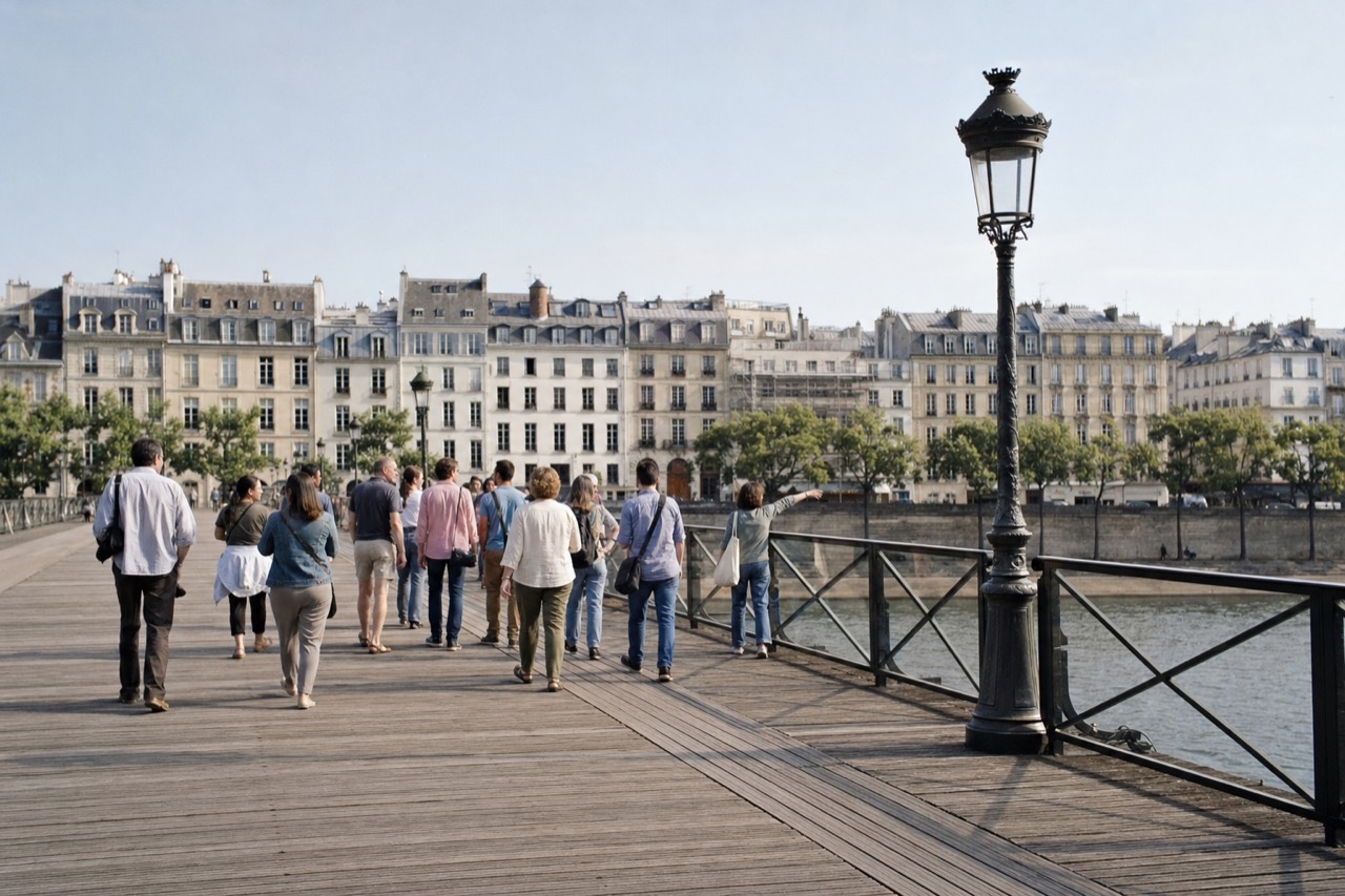 Walkers on a free walking tour cross a footbridge over the Seine on a clear June morning, with the limestone facades and zinc rooftops of Paris behind them.
